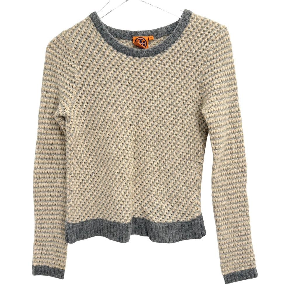 Tory Burch Wool Camel Hair Sweater Size M Open Knit Beige Grey Quiet Luxury